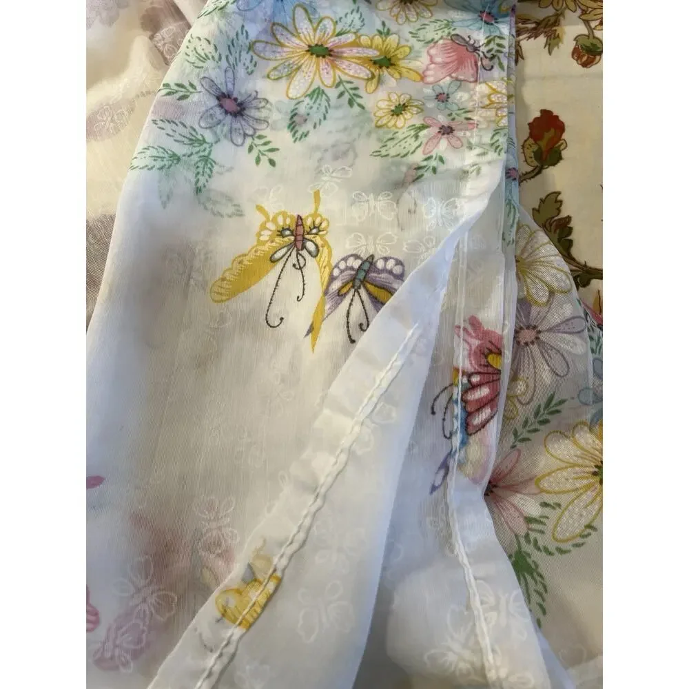Vintage Two Panel Sheer Floral Butterfly Window Valance Curtain Set